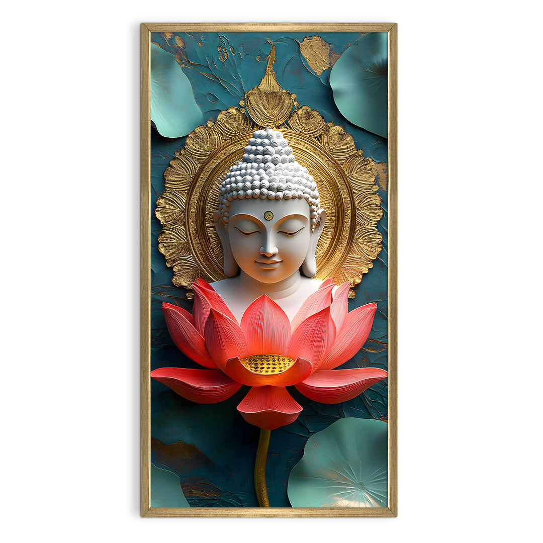 Buddha Portrait with Lotus Wall Art, HD Canvas Print, Golden Box Framed, Ready to Hang, (48 In x 24 In) (BDWA39)