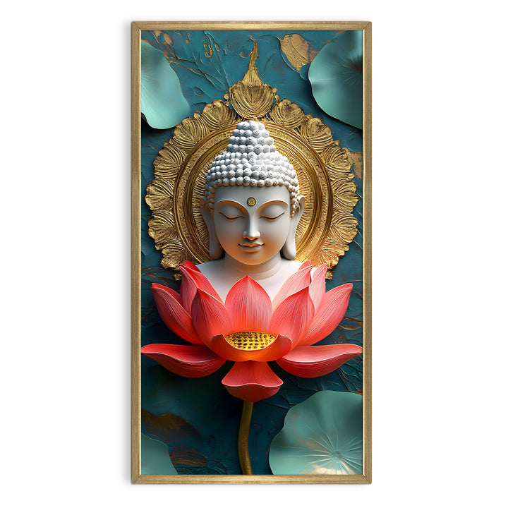 Buddha Portrait with Lotus Wall Art, HD Canvas Print, Golden Box Framed, Ready to Hang, (48 In x 24 In) (BDWA39)