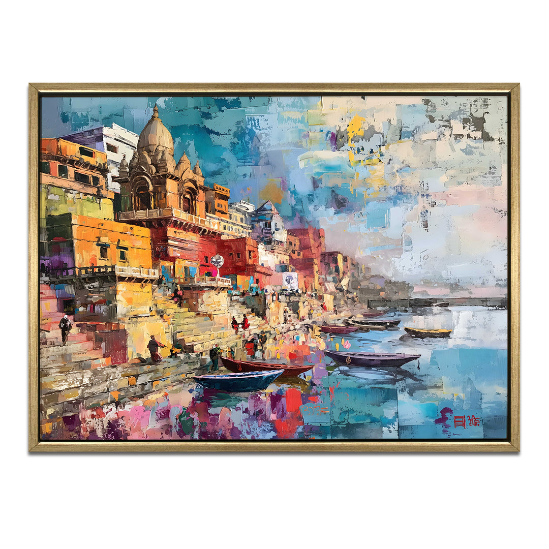Banaras Ghats Painting Wall Art – Varanasi Riverfront with Golden Floater Frame – HD Print Large Canvas, Ready to Hang, Size: 3X4FT, (BAWA31)