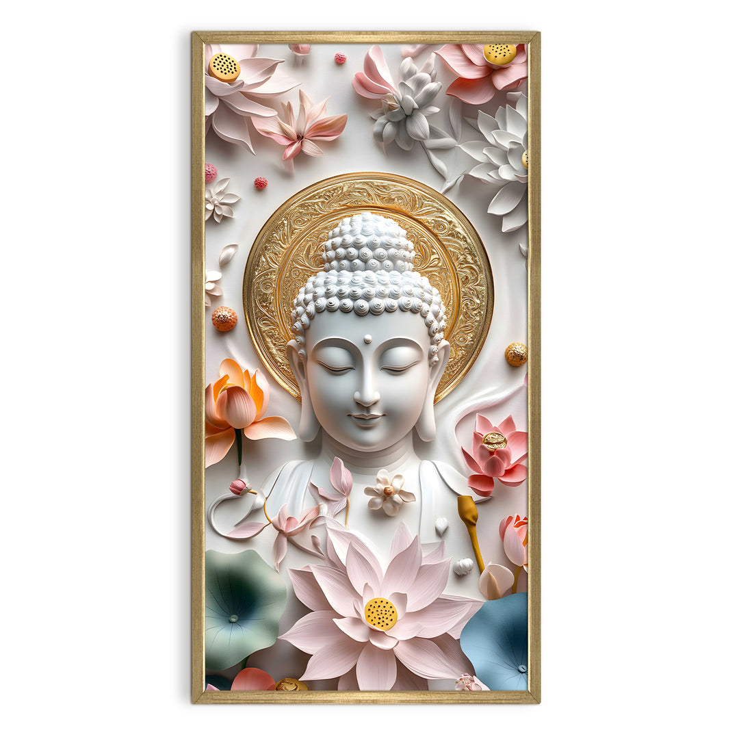 Golden Aura Buddha Portrait Wall Art, HD Canvas Print, Golden Box Framed, Ready to Hang, (48 In x 24 In) (BDWA35)