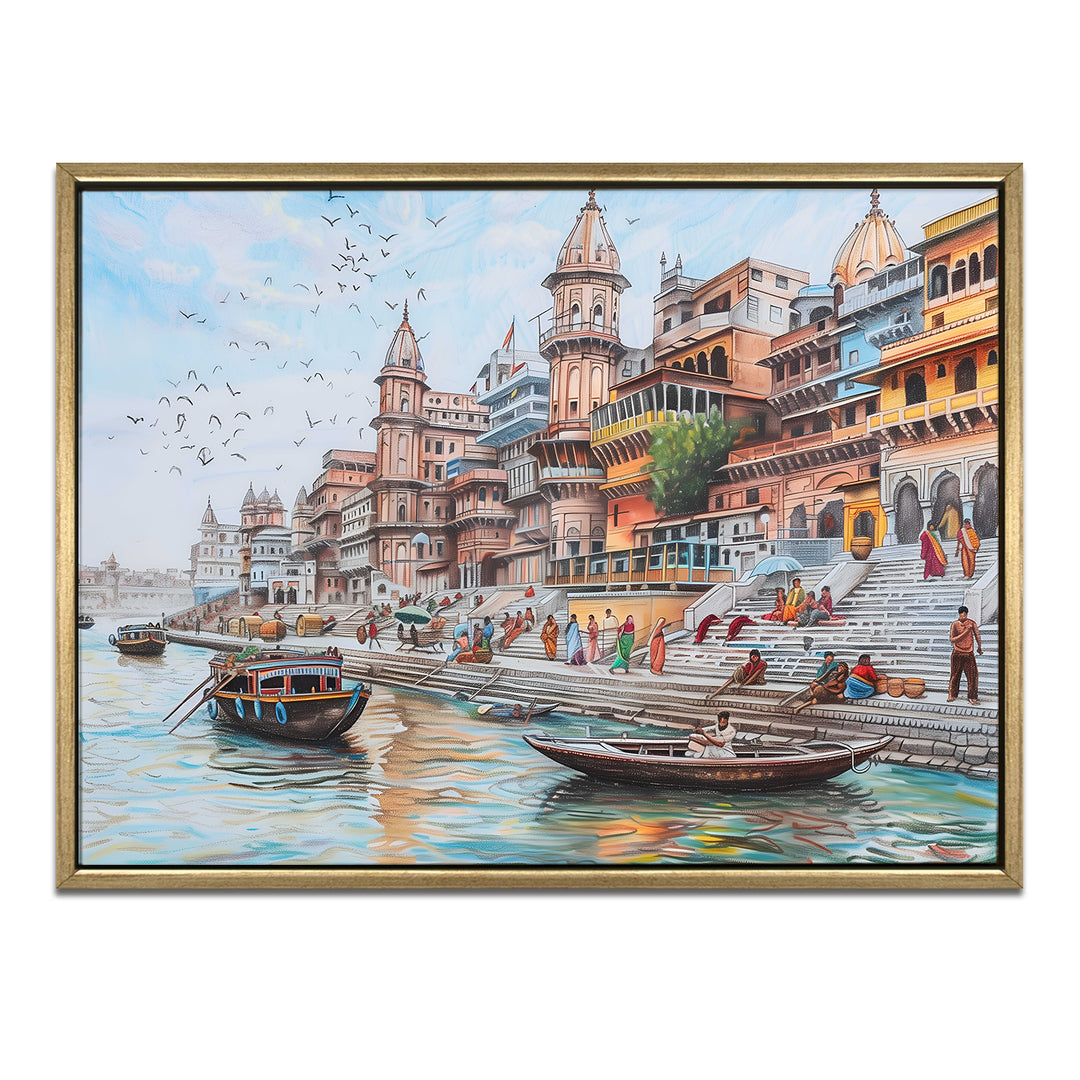 Banaras Ghats Painting Wall Art – Varanasi Riverfront with Golden Floater Frame – HD Print Large Canvas, Ready to Hang, Size: 3X4FT, (BAWA07)