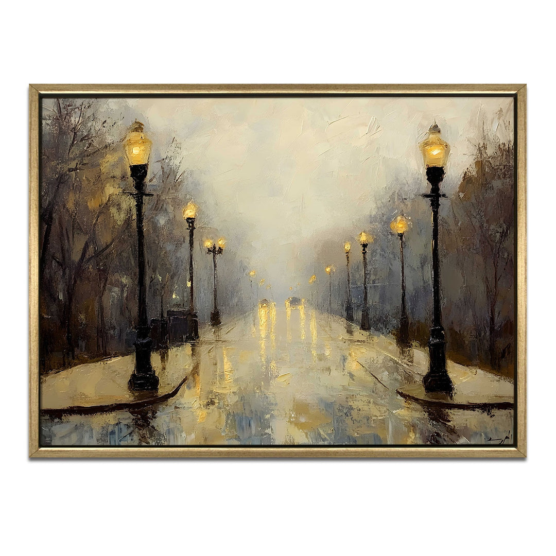 Foggy morning street with vintage lamp posts Wall Art, HD Canvas Print, Golden Floater Framed, Ready to Hang, (36 In x 48 In) (CITY-WA-08)