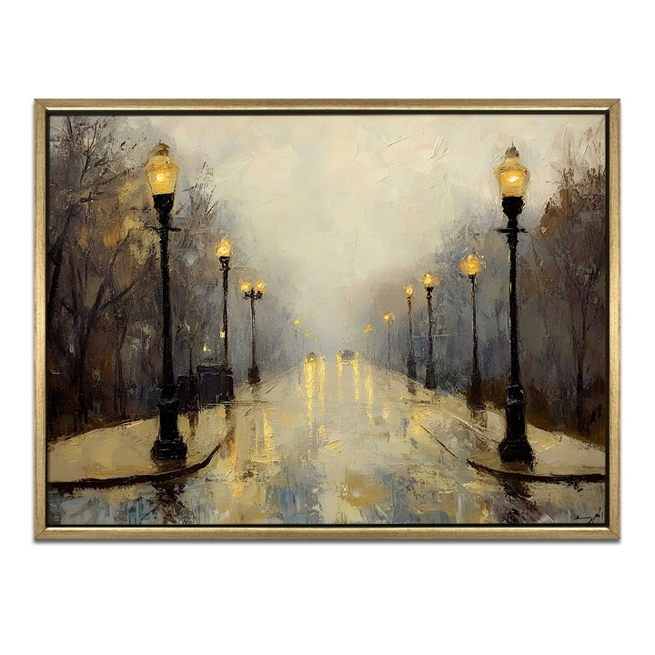 Foggy morning street with vintage lamp posts Wall Art, HD Canvas Print, Golden Floater Framed, Ready to Hang, (36 In x 48 In) (CITY-WA-08)
