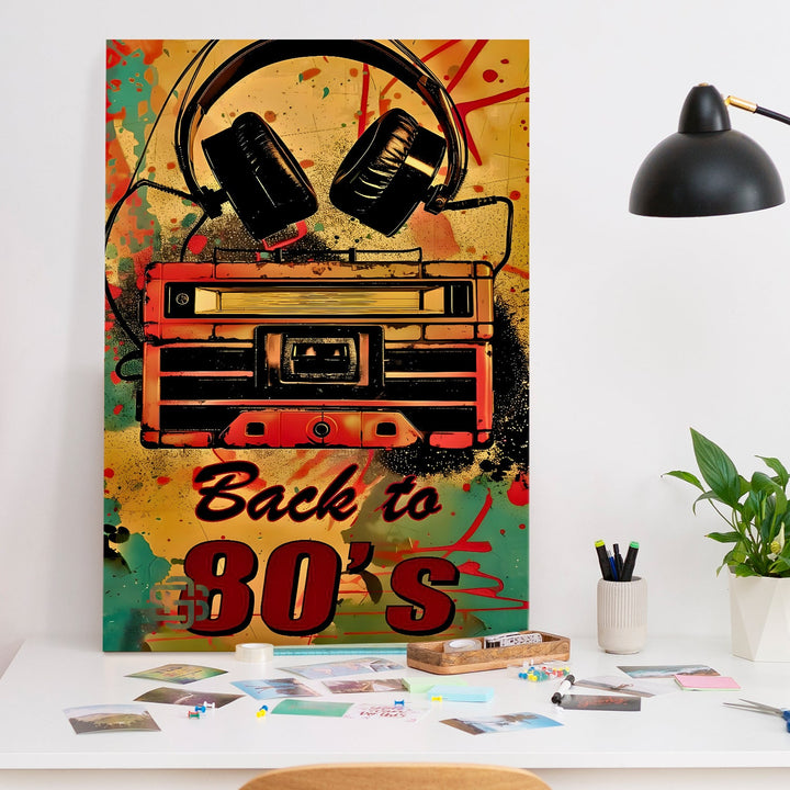 Back to 80’s – Retro Boombox & Headphones Pop Wall Art, HD Canvas Print, Framed, Ready to Hang. (POMWA342)