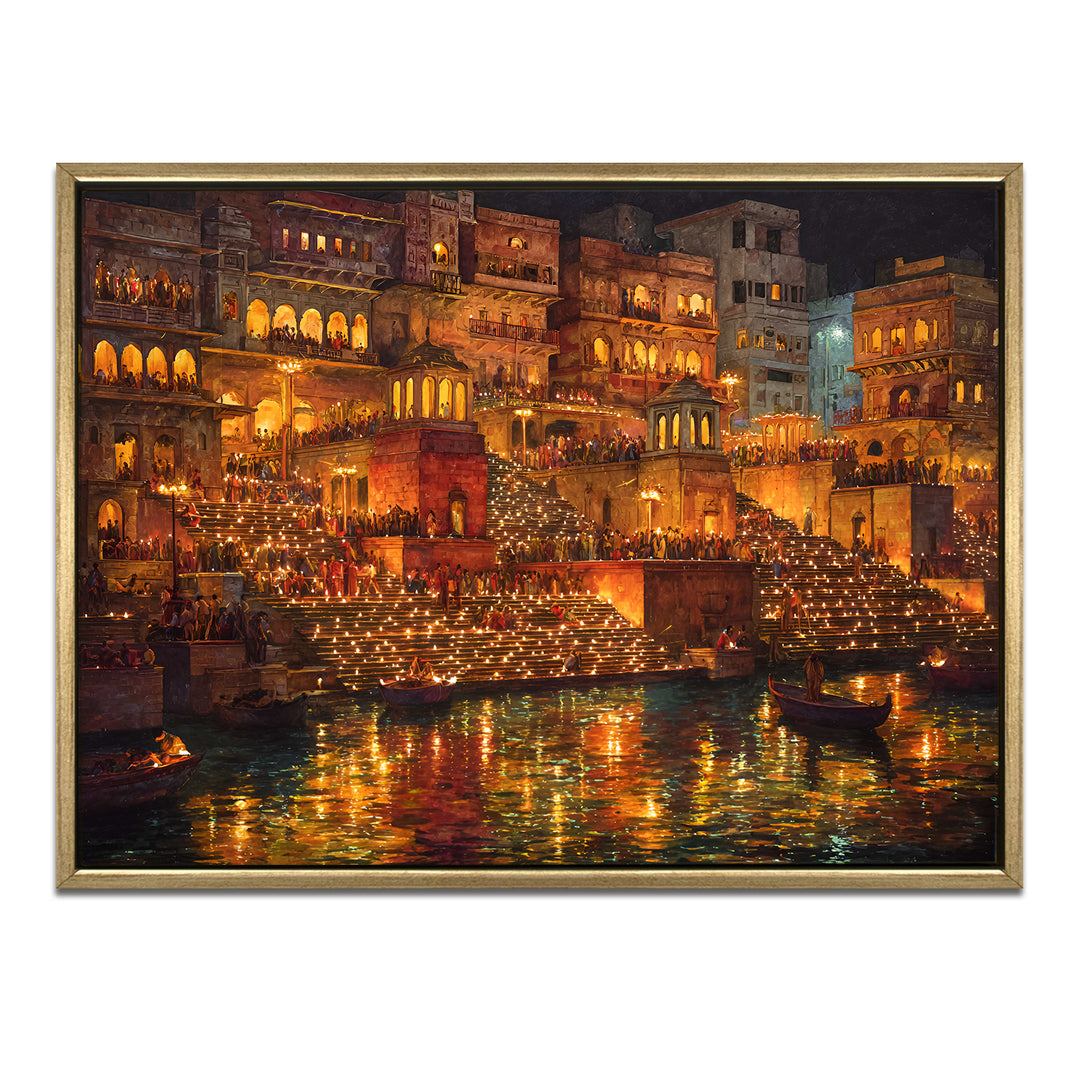 Banaras Ghats Painting Wall Art – Varanasi Riverfront with Golden Floater Frame – HD Print Large Canvas, Ready to Hang, Size: 3X4FT, (BAWA18)