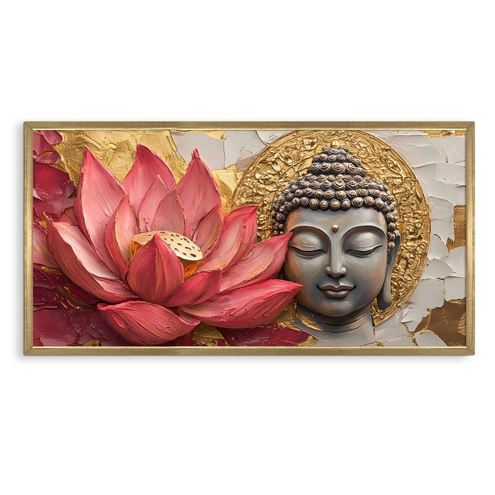 Buddha with Red Lotus Wall Art, HD Canvas Print, Golden Box Framed, Ready to Hang, (24 In x 48 In) (BDWA30)