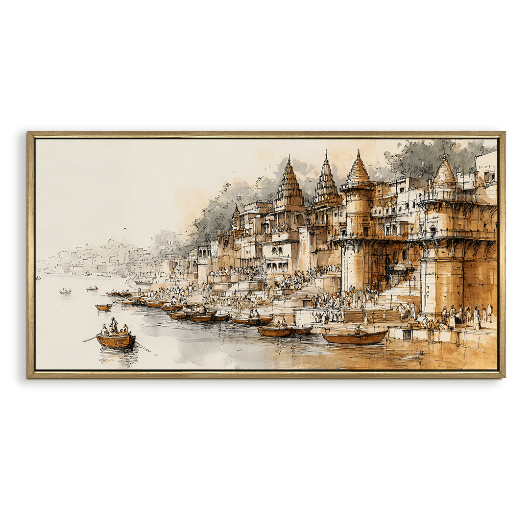Banaras Ghats Painting Wall Art – Varanasi Riverfront with Golden Floater Frame – HD Print Large Canvas, Ready to Hang, Size: 2X4FT, (BAWA42)