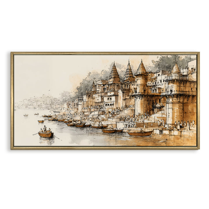 Banaras Ghats Painting Wall Art – Varanasi Riverfront with Golden Floater Frame – HD Print Large Canvas, Ready to Hang, Size: 2X4FT, (BAWA42)