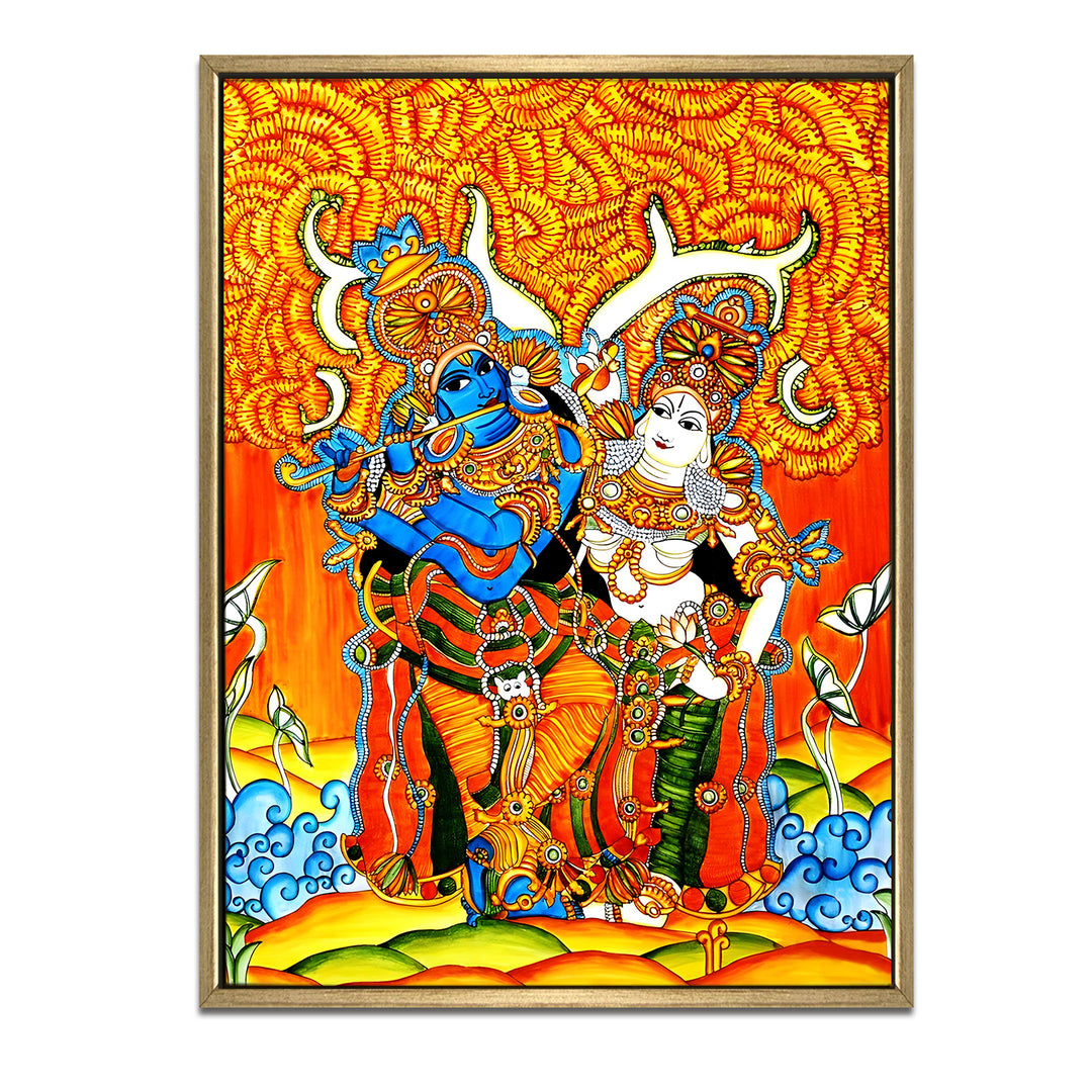 Kerala Mural Canvas Print Painting with Golden Floating Frame – Traditional Indian Wall Art for Home & Office Decor – Size: 3X4 Feet (KAMUWA07)