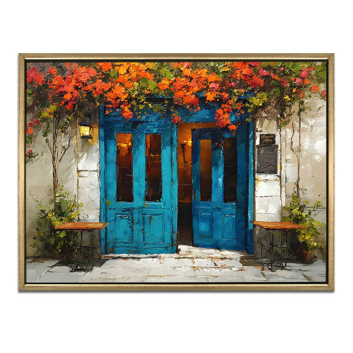 Rustic Greek café with blue doors and hanging vines Wall Art, HD Canvas Print, Golden Floater Framed, Ready to Hang, (36 In x 48 In) (CAFE-WA-15)