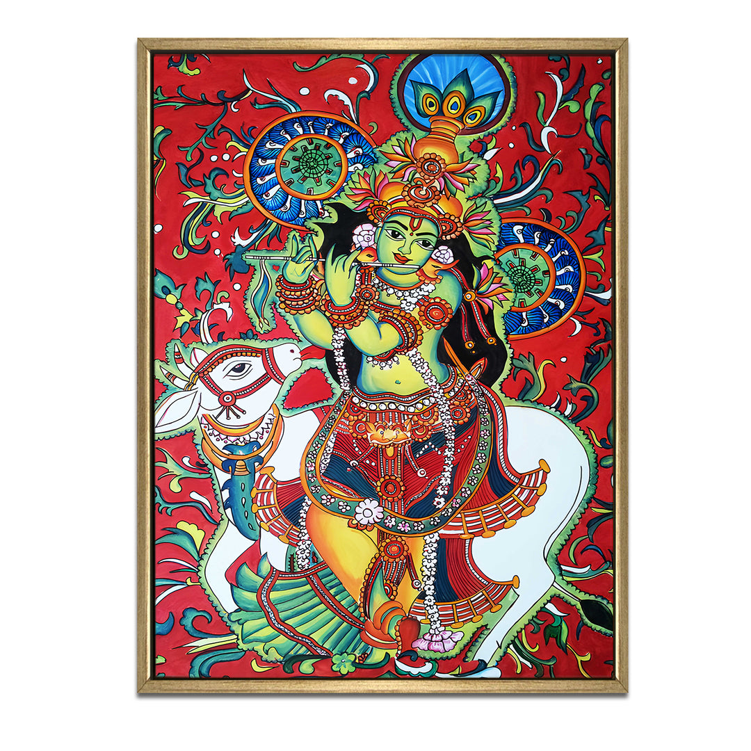 Kerala Mural Canvas Print Painting with Golden Floating Frame – Traditional Indian Wall Art for Home & Office Decor – Size: 3X4 Feet (KAMUWA09)