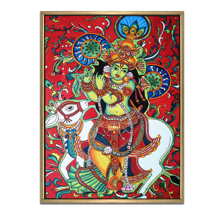 Kerala Mural Canvas Print Painting with Golden Floating Frame – Traditional Indian Wall Art for Home & Office Decor – Size: 3X4 Feet (KAMUWA09)