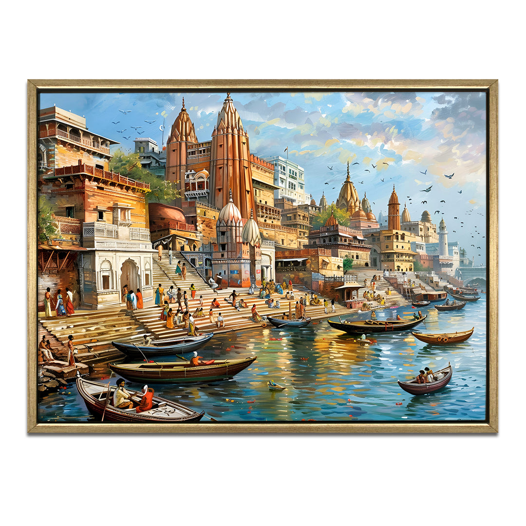 Banaras Ghats Painting Wall Art – Varanasi Riverfront with Golden Floater Frame – HD Print Large Canvas, Ready to Hang, Size: 3X4FT, (BAWA24)