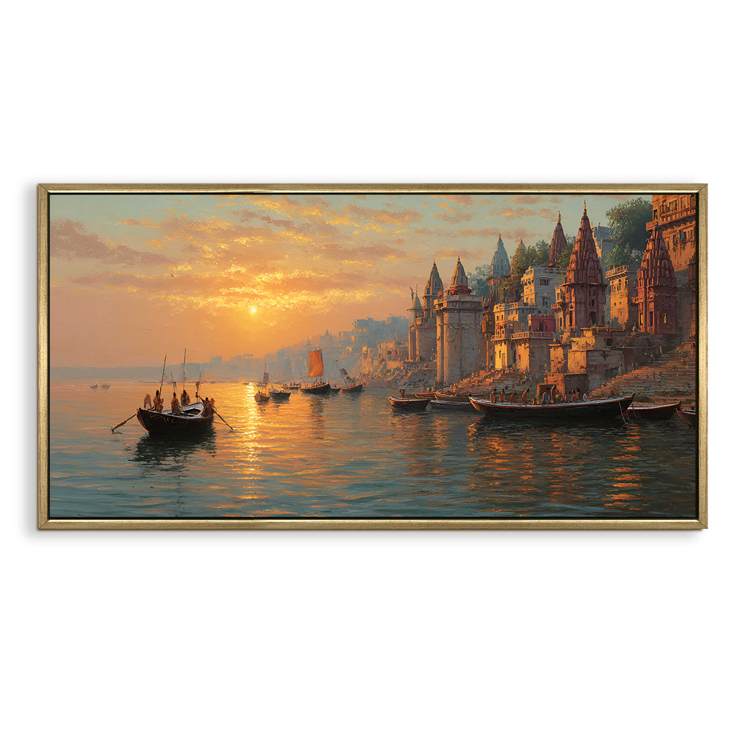 Banaras Ghats Painting Wall Art – Varanasi Riverfront with Golden Floater Frame – HD Print Large Canvas, Ready to Hang, Size: 2X4FT, (BAWA35)