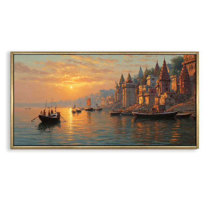 Banaras Ghats Painting Wall Art – Varanasi Riverfront with Golden Floater Frame – HD Print Large Canvas, Ready to Hang, Size: 2X4FT, (BAWA35)