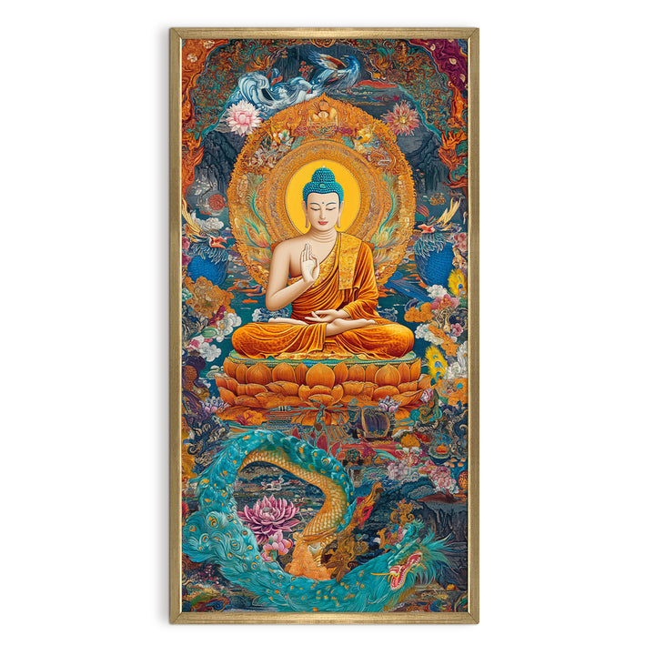 Colorful Spiritual Buddha Meditation Wall Art, HD Canvas Print, Golden Box Framed, Ready to Hang, (48 In x 24 In) (BDWA34)