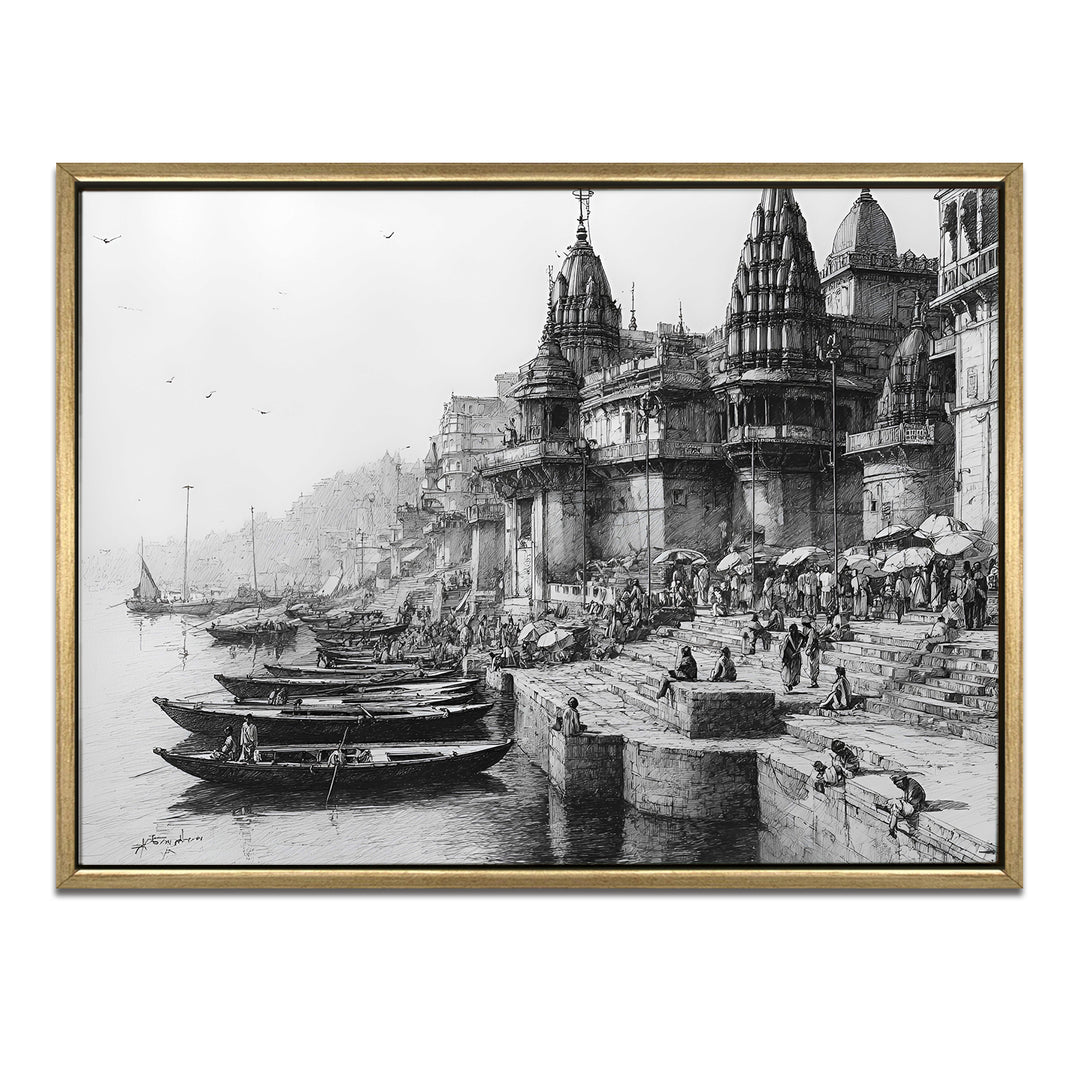 Banaras Ghats Painting Wall Art – Varanasi Riverfront with Golden Floater Frame – HD Print Large Canvas, Ready to Hang, Size: 3X4FT, (BAWA10)