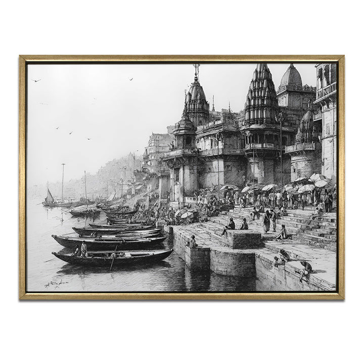 Banaras Ghats Painting Wall Art – Varanasi Riverfront with Golden Floater Frame – HD Print Large Canvas, Ready to Hang, Size: 3X4FT, (BAWA10)