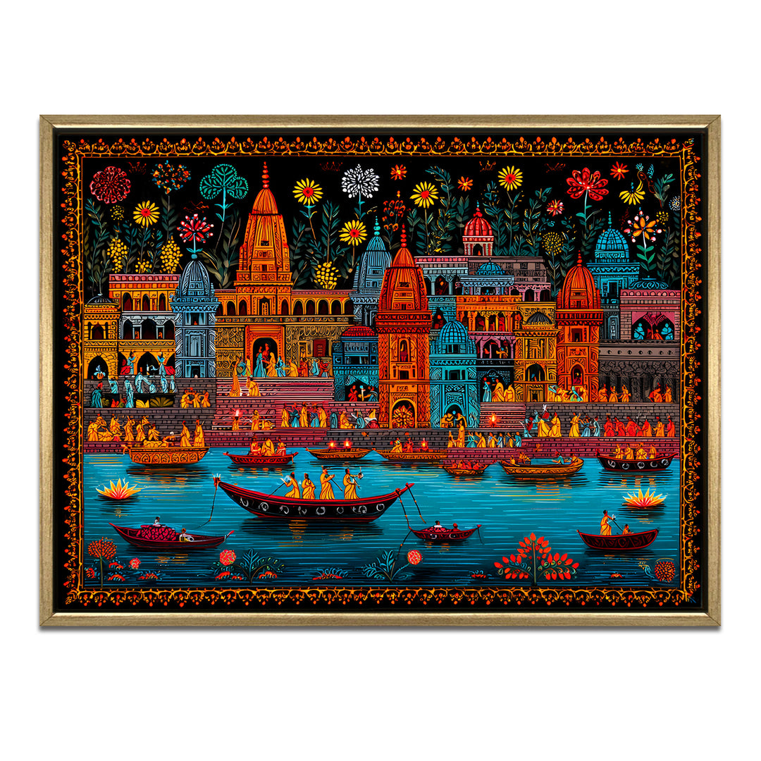 Banaras Ghats Painting Wall Art – Varanasi Riverfront with Golden Floater Frame – HD Print Large Canvas, Ready to Hang, Size: 3X4FT, (BAWA23)
