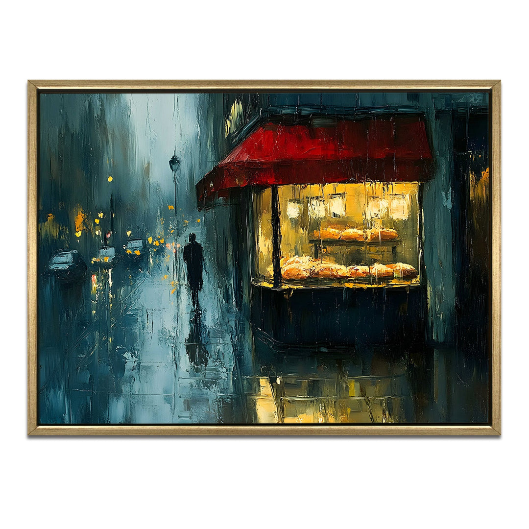 Rain-soaked bakery with reflections on pavement Wall Art, HD Canvas Print, Golden Floater Framed, Ready to Hang, (36 In x 48 In) (CAFE-WA-02)