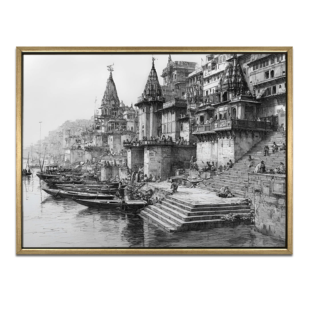 Banaras Ghats Painting Wall Art – Varanasi Riverfront with Golden Floater Frame – HD Print Large Canvas, Ready to Hang, Size: 3X4FT, (BAWA11)