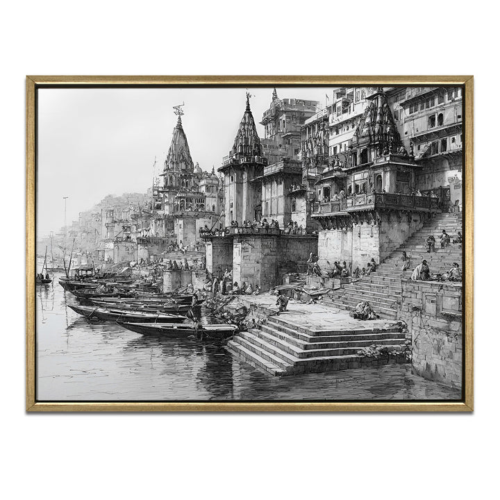 Banaras Ghats Painting Wall Art – Varanasi Riverfront with Golden Floater Frame – HD Print Large Canvas, Ready to Hang, Size: 3X4FT, (BAWA11)