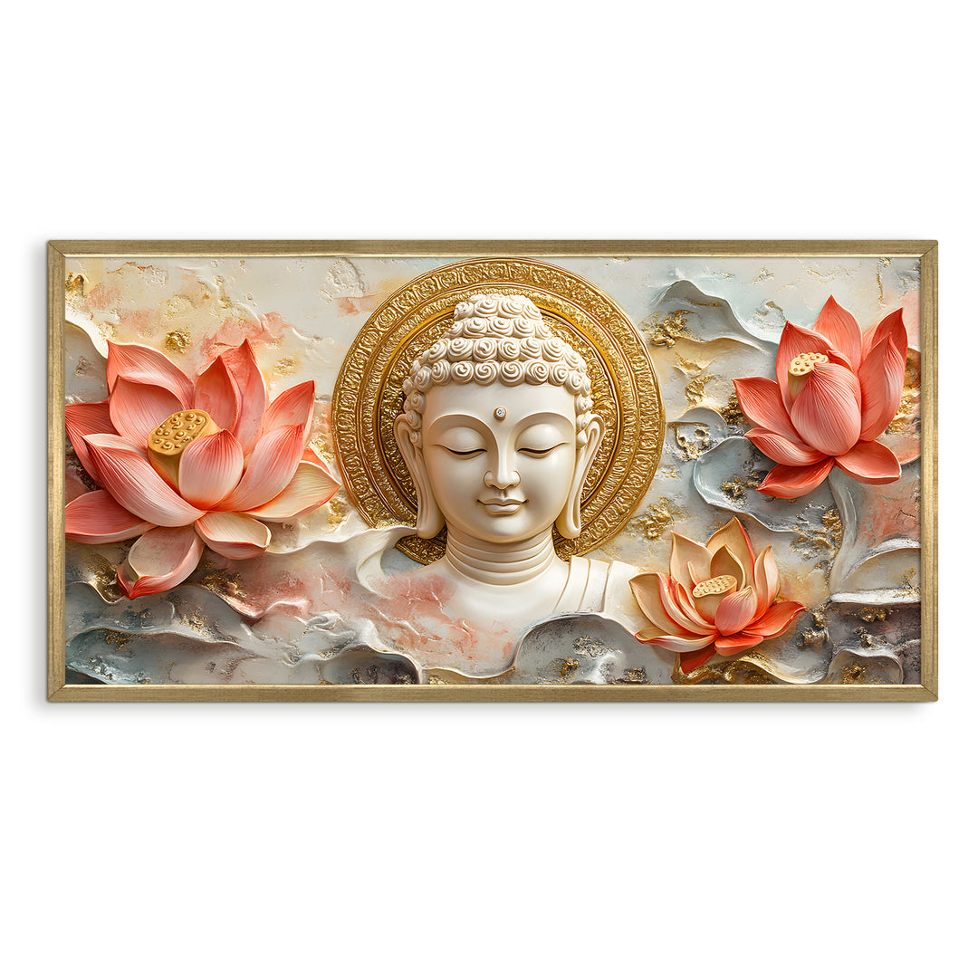 Serene Buddha & Red Lotus Wall Art, HD Canvas Print, Golden Box Framed, Ready to Hang, (24 In x 48 In) (BDWA28)