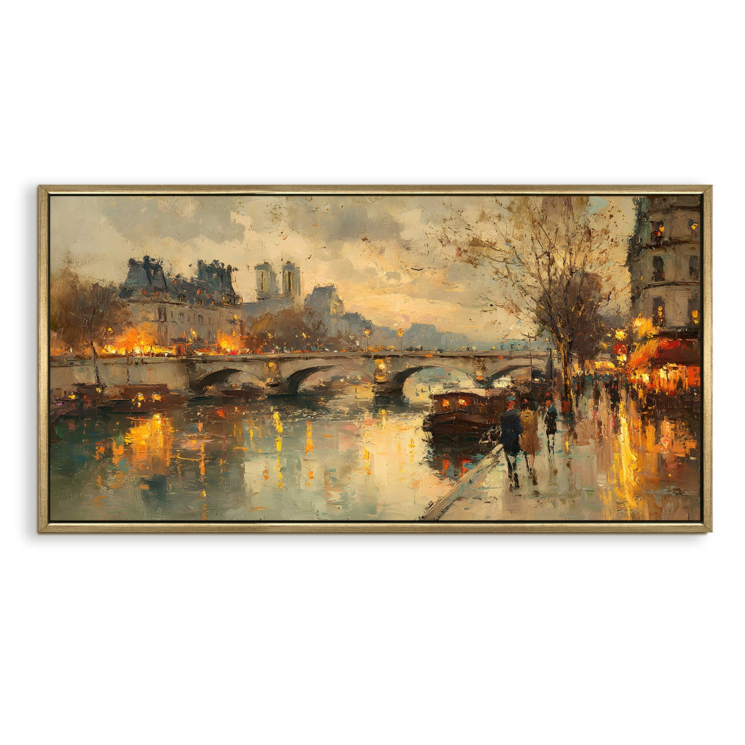 Vintage Riverfront Cityscape Wall Art, HD Canvas Print, Golden Floater Framed, Ready to Hang, (24 In x 48 In). (EURP-WA-06)