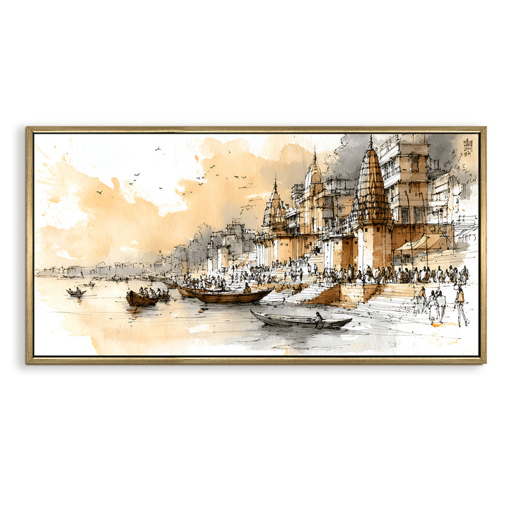 Banaras Ghats Painting Wall Art – Varanasi Riverfront with Golden Floater Frame – HD Print Large Canvas, Ready to Hang, Size: 2X4FT, (BAWA41)