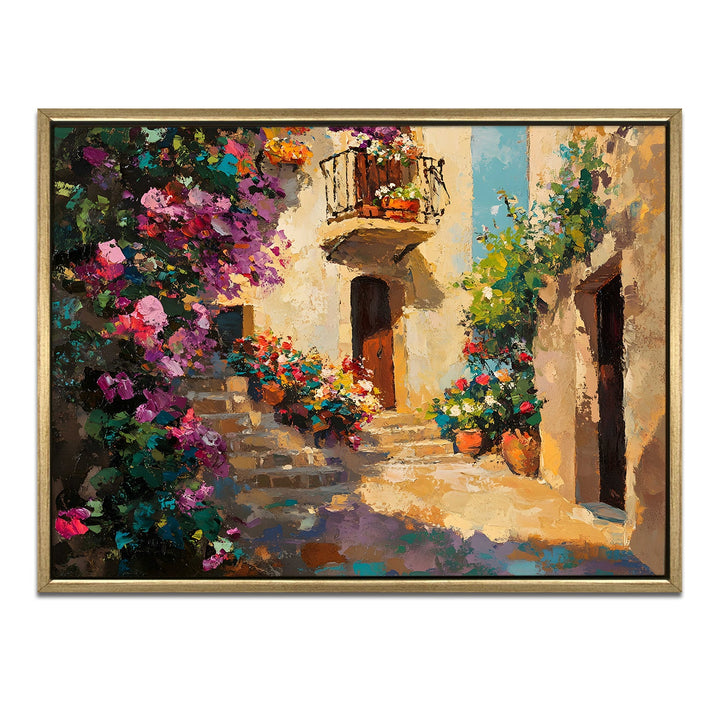 Narrow alley with balconies full of flowers Wall Art, HD Canvas Print, Golden Floater Framed, Ready to Hang, (36 In x 48 In) (CITY-WA-06)