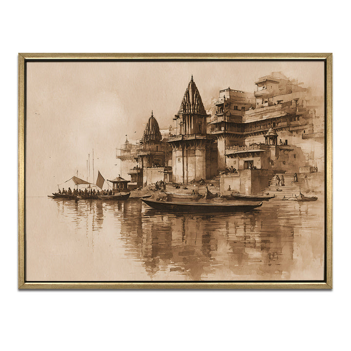 Banaras Ghats Painting Wall Art – Varanasi Riverfront with Golden Floater Frame – HD Print Large Canvas, Ready to Hang, Size: 3X4FT, (BAWA08)