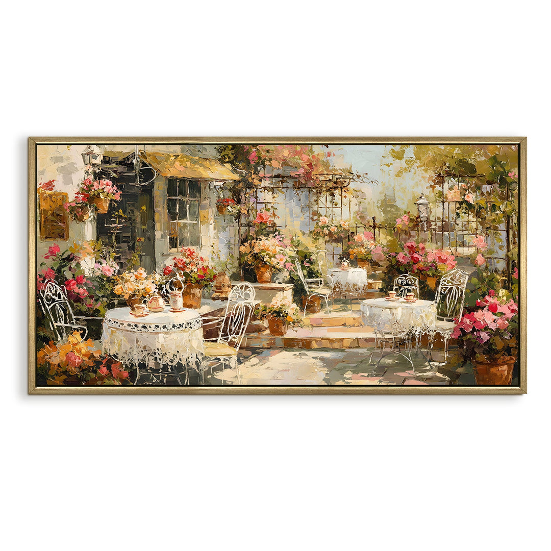 Vintage Café Terrace Wall Art, HD Canvas Print, Golden Floater Framed, Ready to Hang, (24 In x 48 In). (EURP-WA-05)