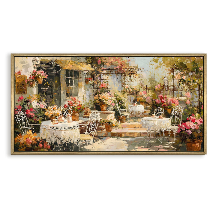 Vintage Café Terrace Wall Art, HD Canvas Print, Golden Floater Framed, Ready to Hang, (24 In x 48 In). (EURP-WA-05)