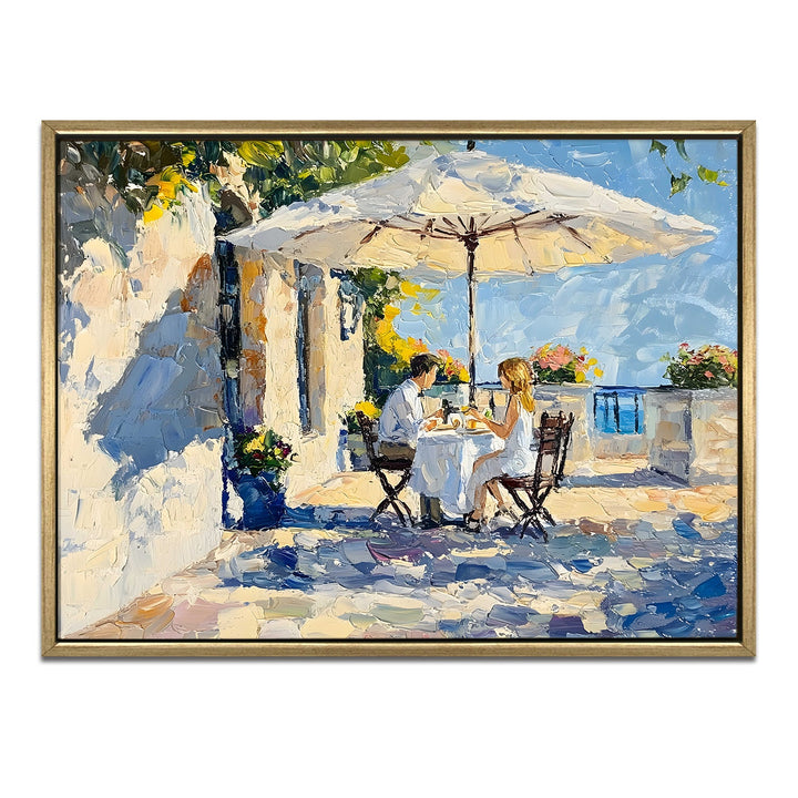 Breezy coastal breakfast café in Monaco Wall Art, HD Canvas Print, Golden Floater Framed, Ready to Hang, (36 In x 48 In) (CAFE-WA-09)