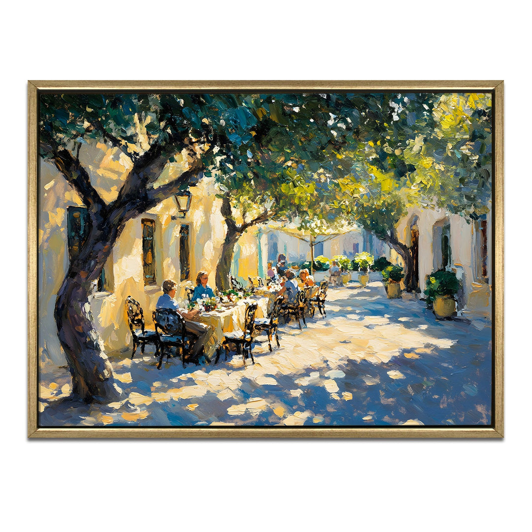 Courtyard dining under olive trees Wall Art, HD Canvas Print, Golden Floater Framed, Ready to Hang, (36 In x 48 In) (CITY-WA-03)