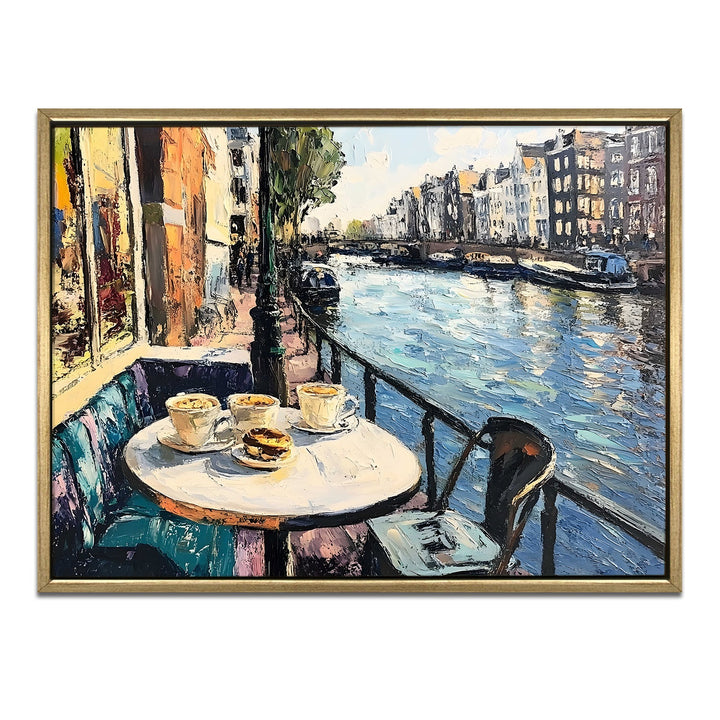 Canal-side brunch café in Amsterdam Wall Art, HD Canvas Print, Golden Floater Framed, Ready to Hang, (36 In x 48 In) (CAFE-WA-10)