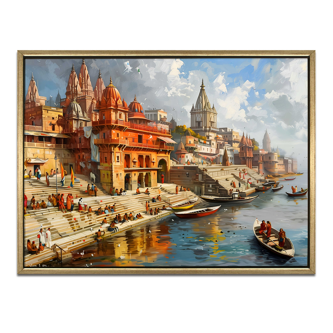 Banaras Ghats Painting Wall Art – Varanasi Riverfront with Golden Floater Frame – HD Print Large Canvas, Ready to Hang, Size: 3X4FT, (BAWA09)