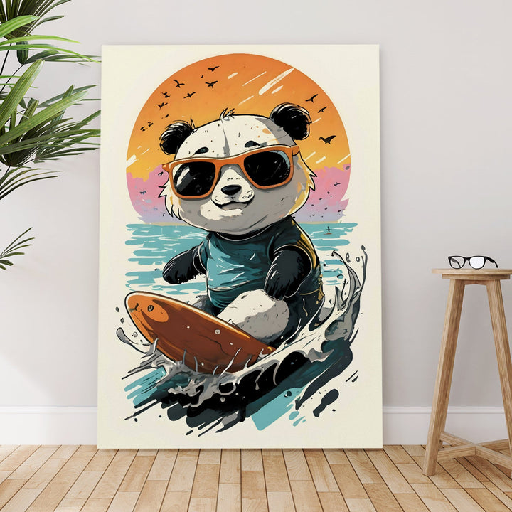 Surf’s Up Panda – Cute Cartoon Wall Art Painting, HD Canvas Print, Framed, Ready to Hang. (POMWA320)