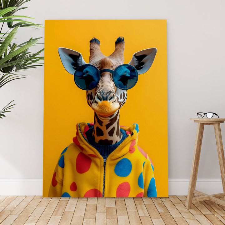 Cool Giraffe Vibes – Funky Animal Wall Art, HD Canvas Print, Framed, Ready to Hang. (POMWA322)