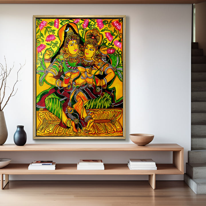 Kerala Mural Canvas Print Painting with Golden Floating Frame – Traditional Indian Wall Art for Home & Office Decor – Size: 3X4 Feet (KAMUWA05)
