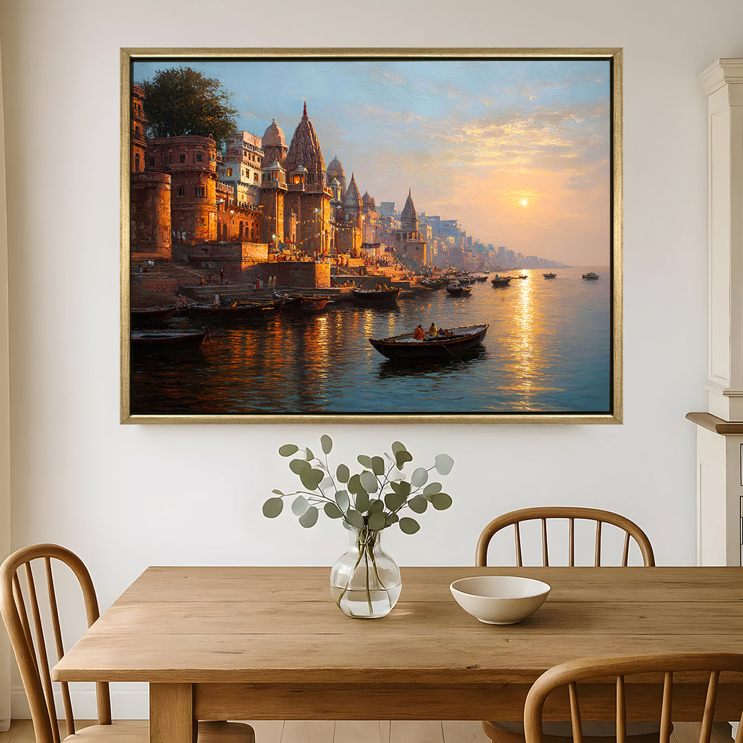 Banaras Ghats Painting Wall Art – Varanasi Riverfront with Golden Floater Frame – HD Print Large Canvas, Ready to Hang, Size: 3X4FT, (BAWA03)
