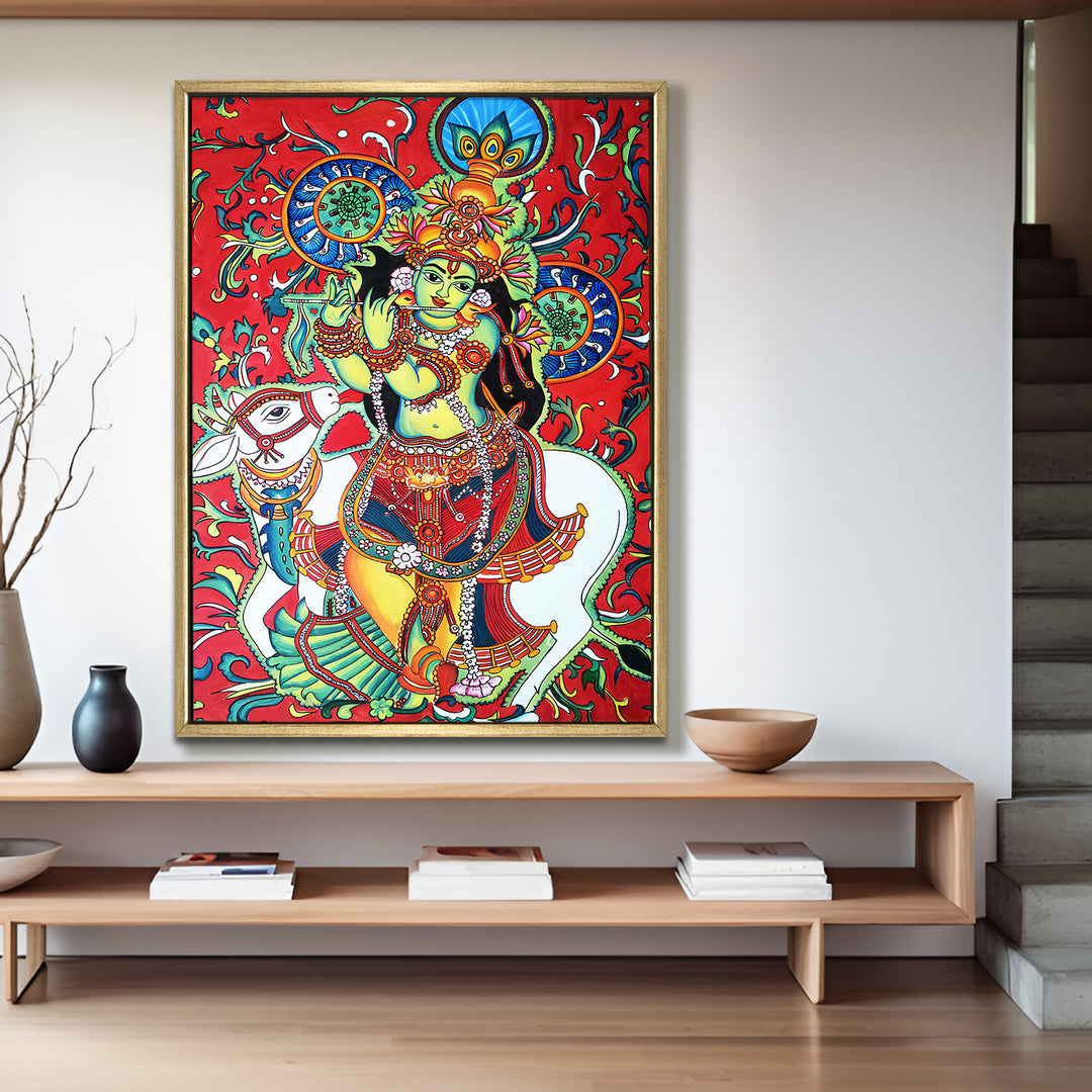 Kerala Mural Canvas Print Painting with Golden Floating Frame – Traditional Indian Wall Art for Home & Office Decor – Size: 3X4 Feet (KAMUWA09)