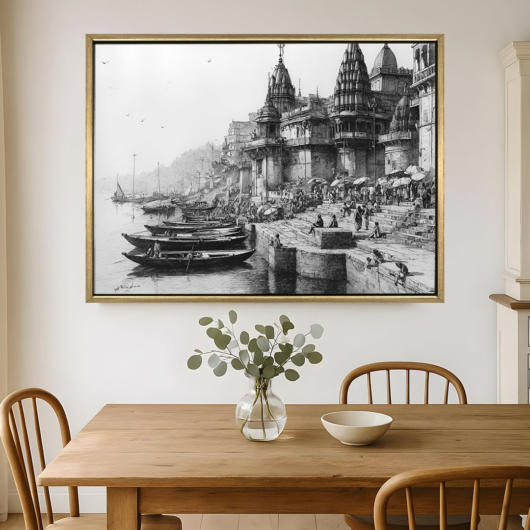 Banaras Ghats Painting Wall Art – Varanasi Riverfront with Golden Floater Frame – HD Print Large Canvas, Ready to Hang, Size: 3X4FT, (BAWA10)