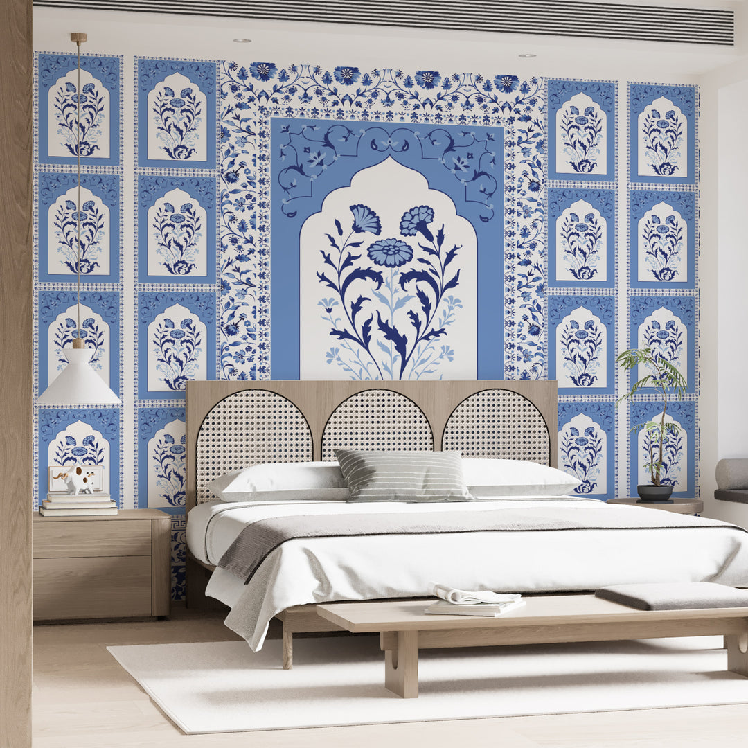 Blue Pottery Elegance – Mughal Floral Wallpaper Mural (PATCH003)