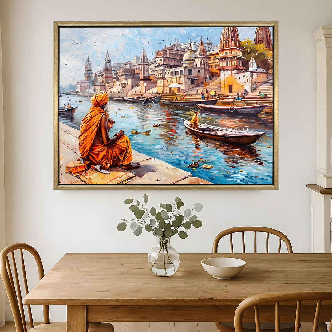 Banaras Ghats Painting Wall Art – Varanasi Riverfront with Golden Floater Frame – HD Print Large Canvas, Ready to Hang, Size: 3X4FT, (BAWA27)