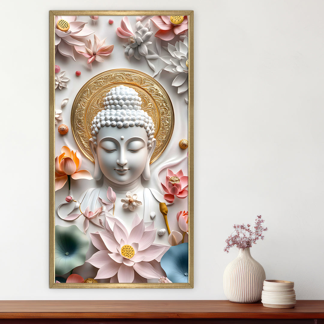 Golden Aura Buddha Portrait Wall Art, HD Canvas Print, Golden Box Framed, Ready to Hang, (48 In x 24 In) (BDWA35)