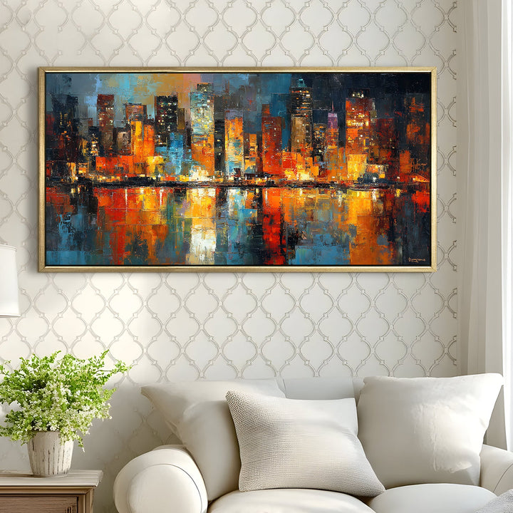 City Skyline Reflected on Water Wall Art, HD Canvas Print, Golden Floater Framed, Ready to Hang, (24 In x 48 In) (ABS-WA-01)