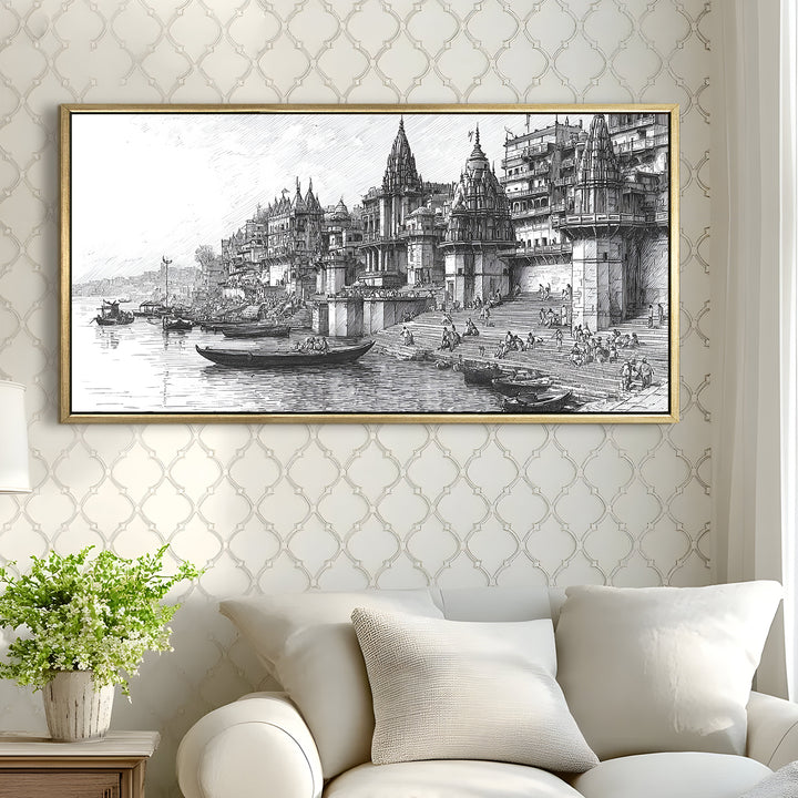 Banaras Ghats Painting Wall Art – Varanasi Riverfront with Golden Floater Frame – HD Print Large Canvas, Ready to Hang, Size: 2X4FT, (BAWA39)
