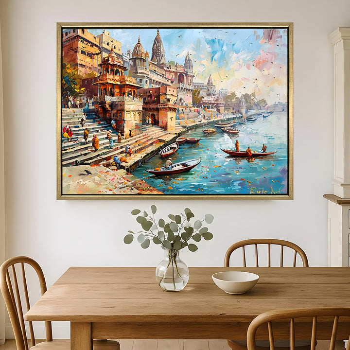 Banaras Ghats Painting Wall Art – Varanasi Riverfront with Golden Floater Frame – HD Print Large Canvas, Ready to Hang, Size: 3X4FT, (BAWA28)