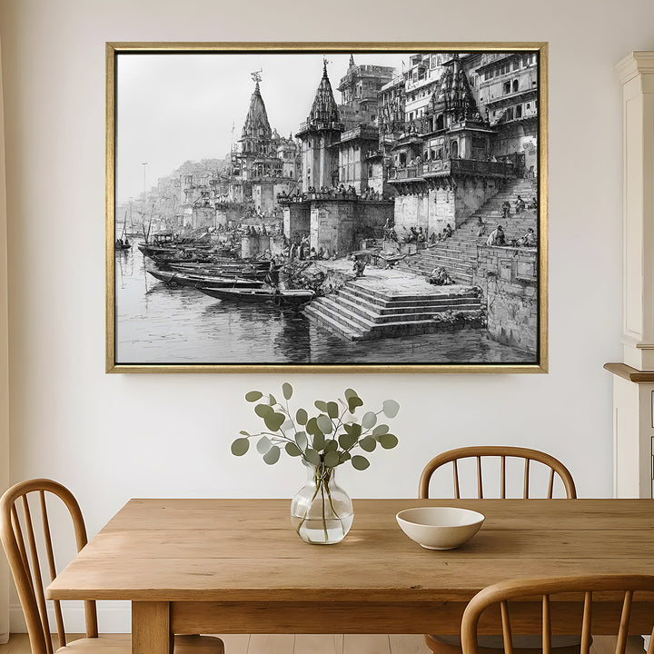 Banaras Ghats Painting Wall Art – Varanasi Riverfront with Golden Floater Frame – HD Print Large Canvas, Ready to Hang, Size: 3X4FT, (BAWA11)